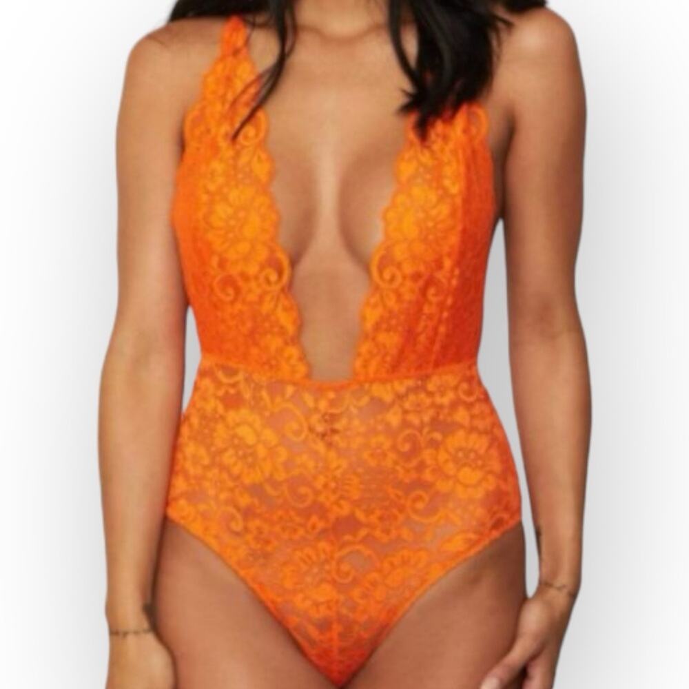 NWT We Are HAH Free People Comin in  Bodysuit Orange Bodysuit Deep V Neck XS